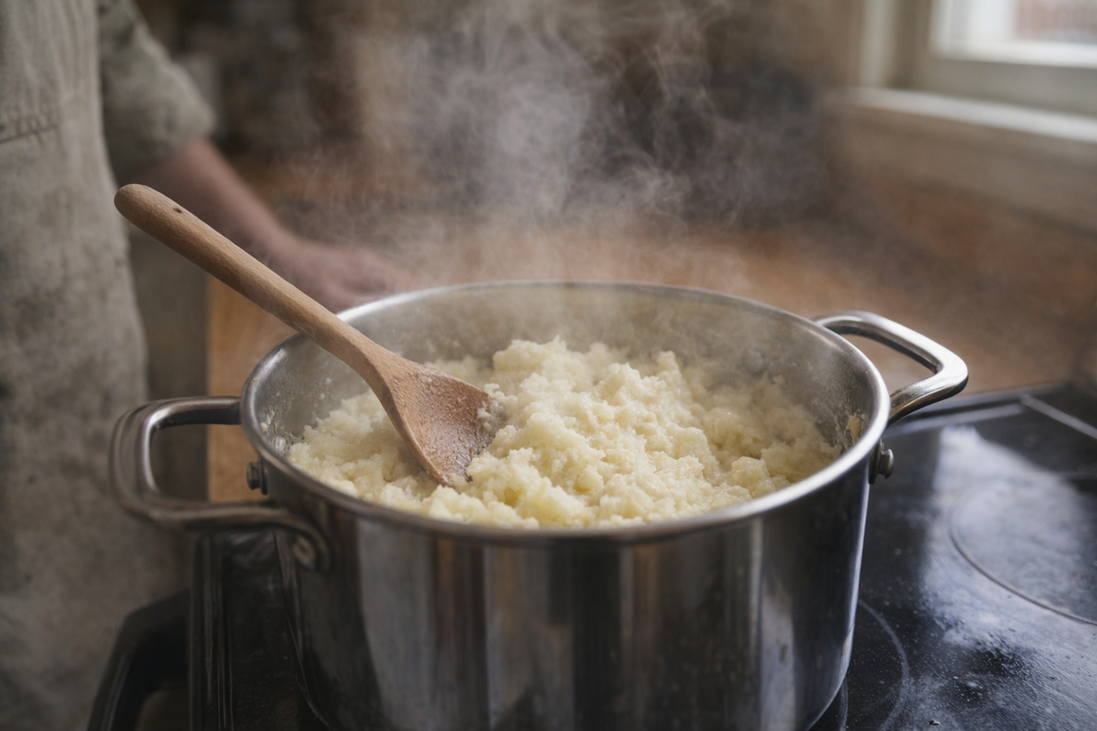 An eye-level shot of potatoes being mashed in a stainless steel pot on a stovetop, with steam rising and a wooden spoon resting on the side